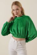 55392 Kadife Crop Bluz - Yeşil resmi